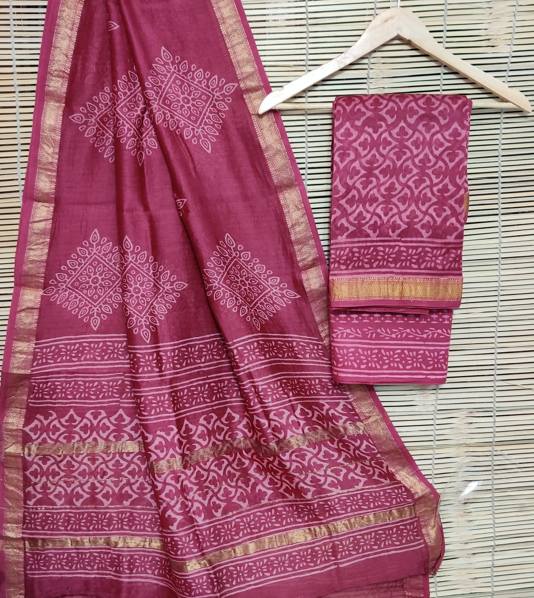 Red Leaf Print Maheshwari Silk  Suit Unstitched with Silk Dupatta