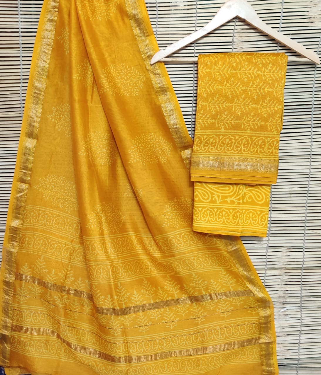Yellow Leaf Print Maheshwari Silk  Suit Unstitched with Silk Dupatta