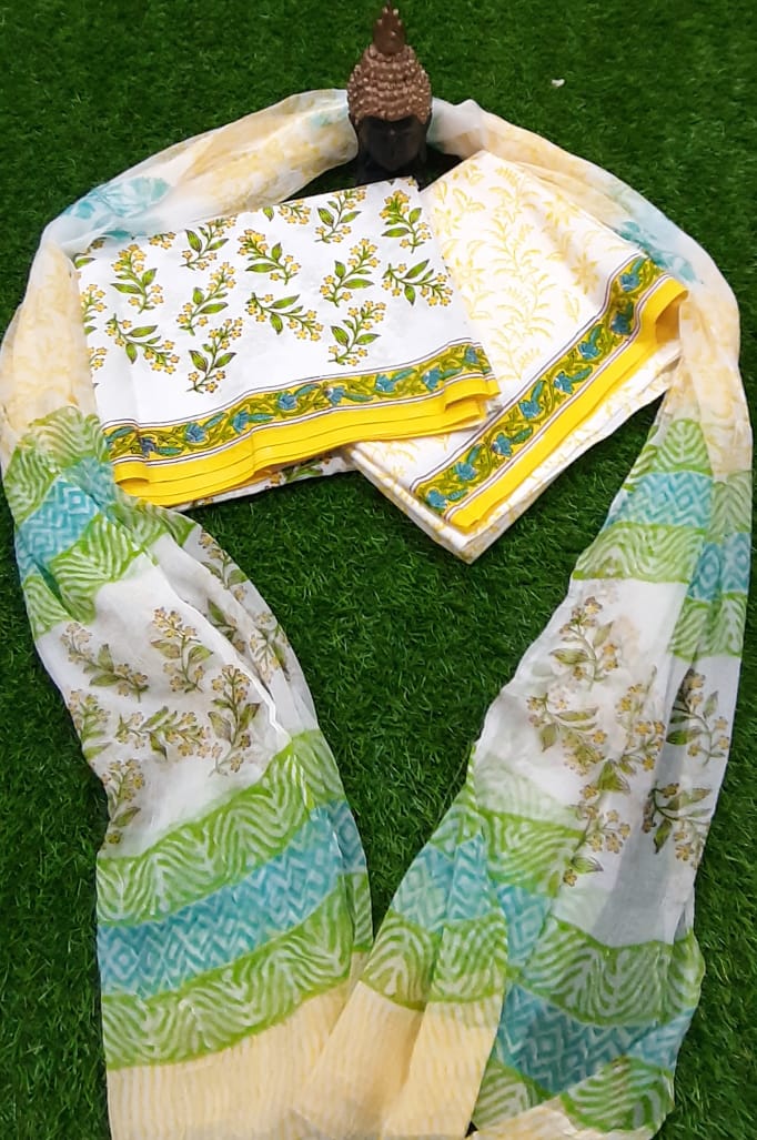 White & Yellow Flower Cotton Unstitched Suit Set with Chiffon Dupatta