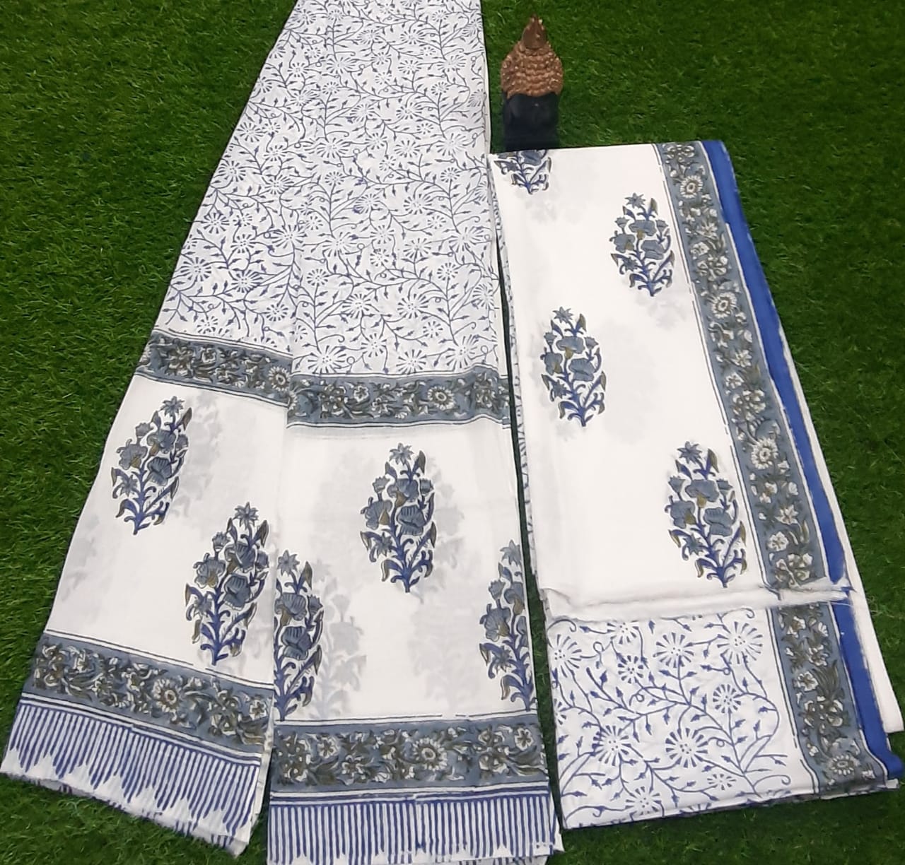 White Flower Print Hand Block Cotton Suit Set with Cotton Duppatta