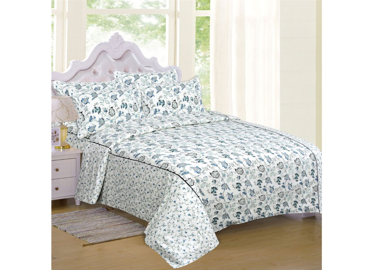 Beautiful Blue and Grey Floral Print King Size Cotton Bed Sheet