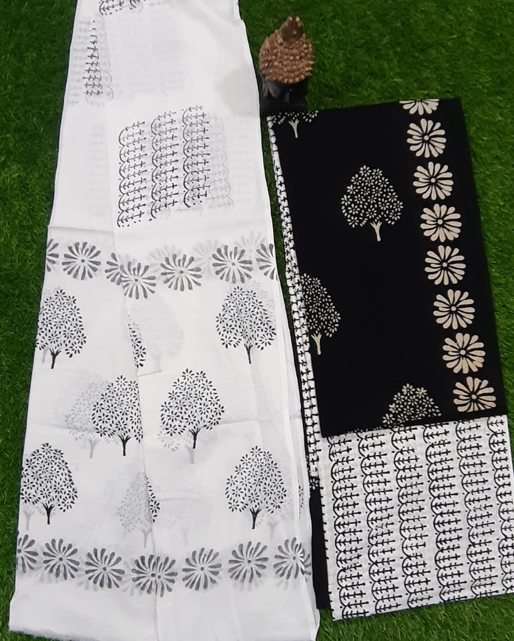 White & Black Print Hand Block Cotton Suit Set with Cotton Duppatta