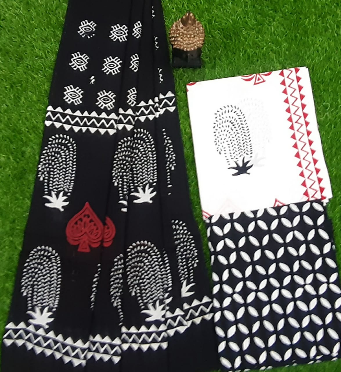 Black Leaf Print Hand Block Cotton Suit Set with Cotton Duppatta