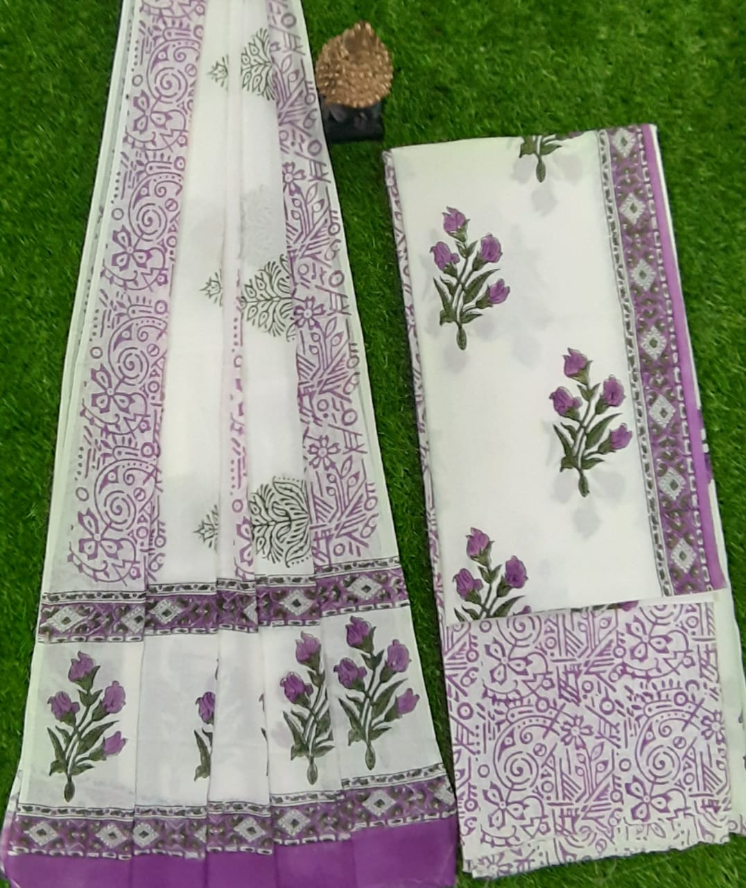 Violet Flower  Print Hand Block Cotton Suit Set with Cotton Duppatta