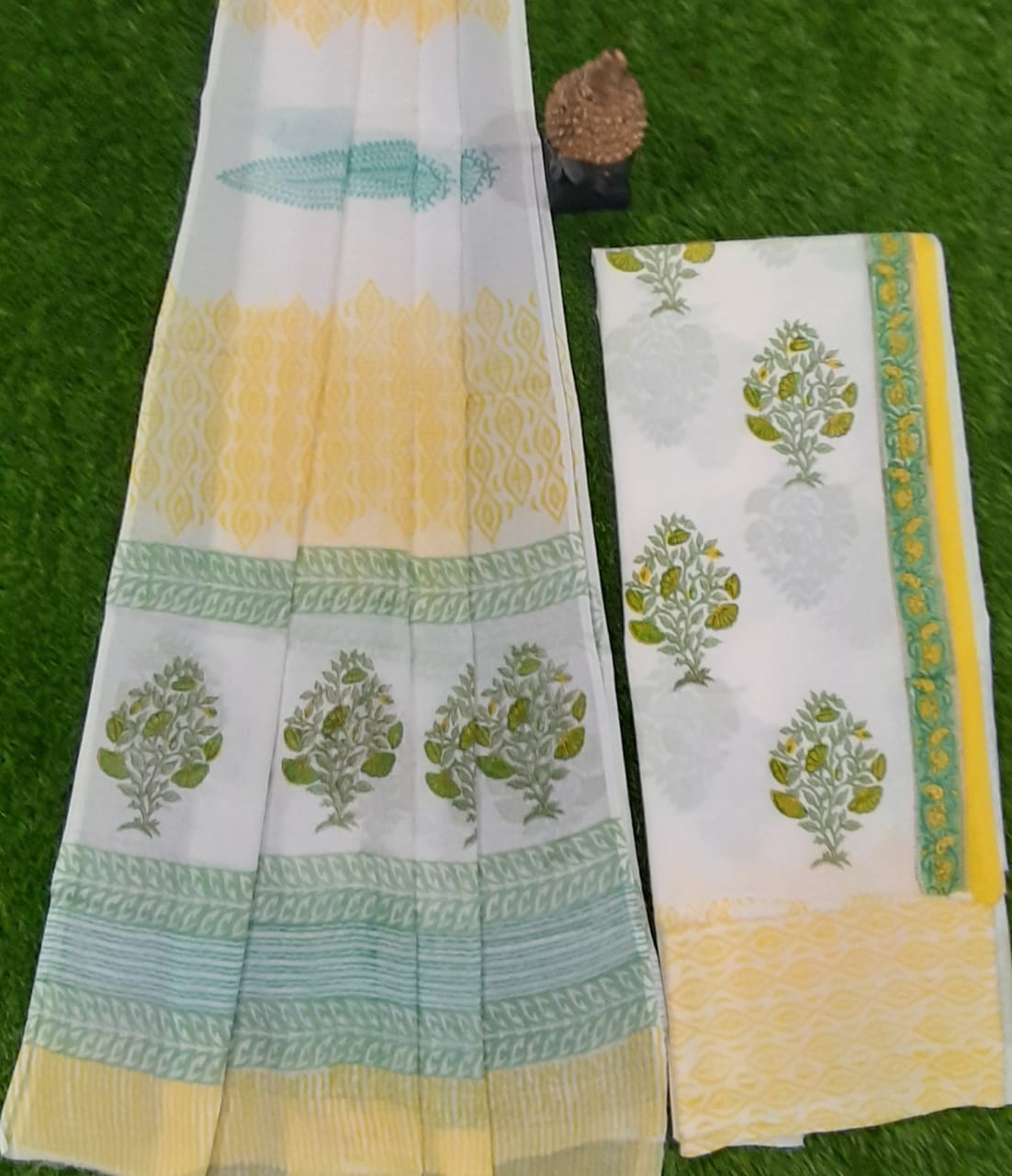 White & Green Flower  Print Hand Block Cotton Suit Set with Cotton Duppatta