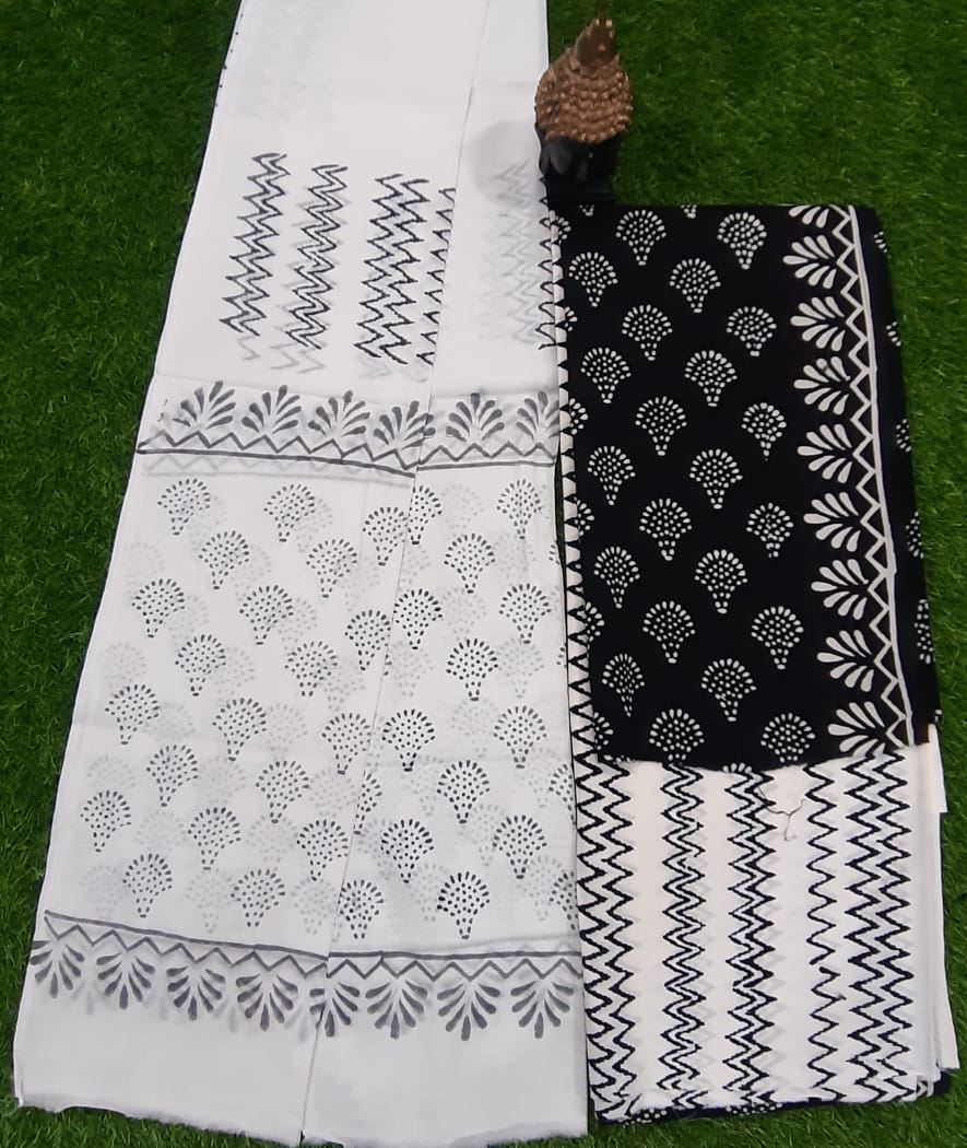 White & Black Bota Print Hand Block Cotton Suit Set with Cotton Duppatta