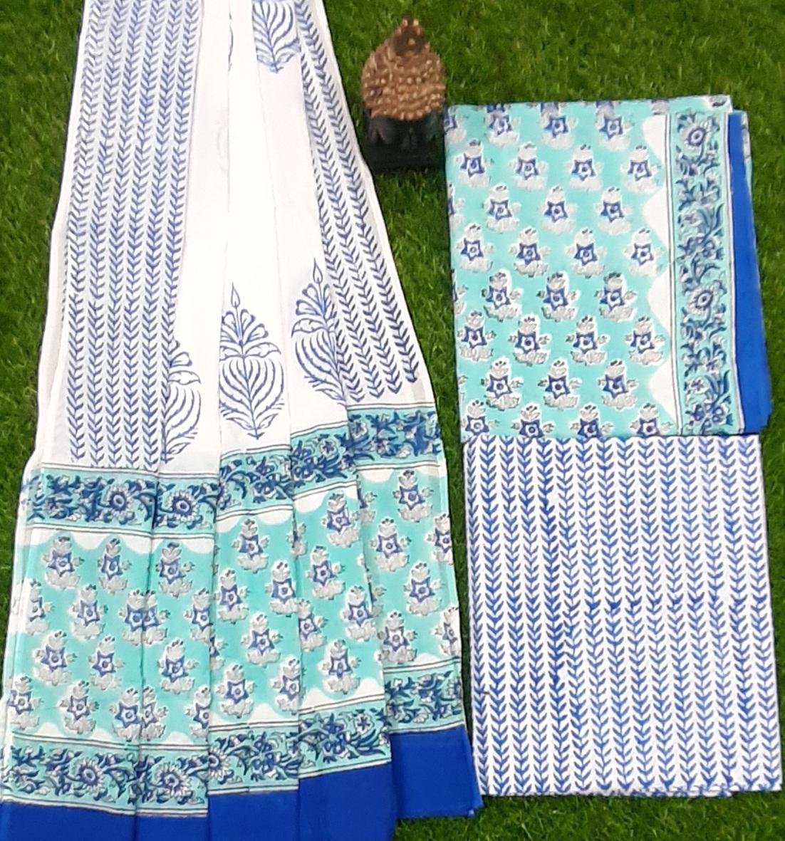 White & Sea Green Flower Print  Cotton Suit Set with Cotton Duppatta