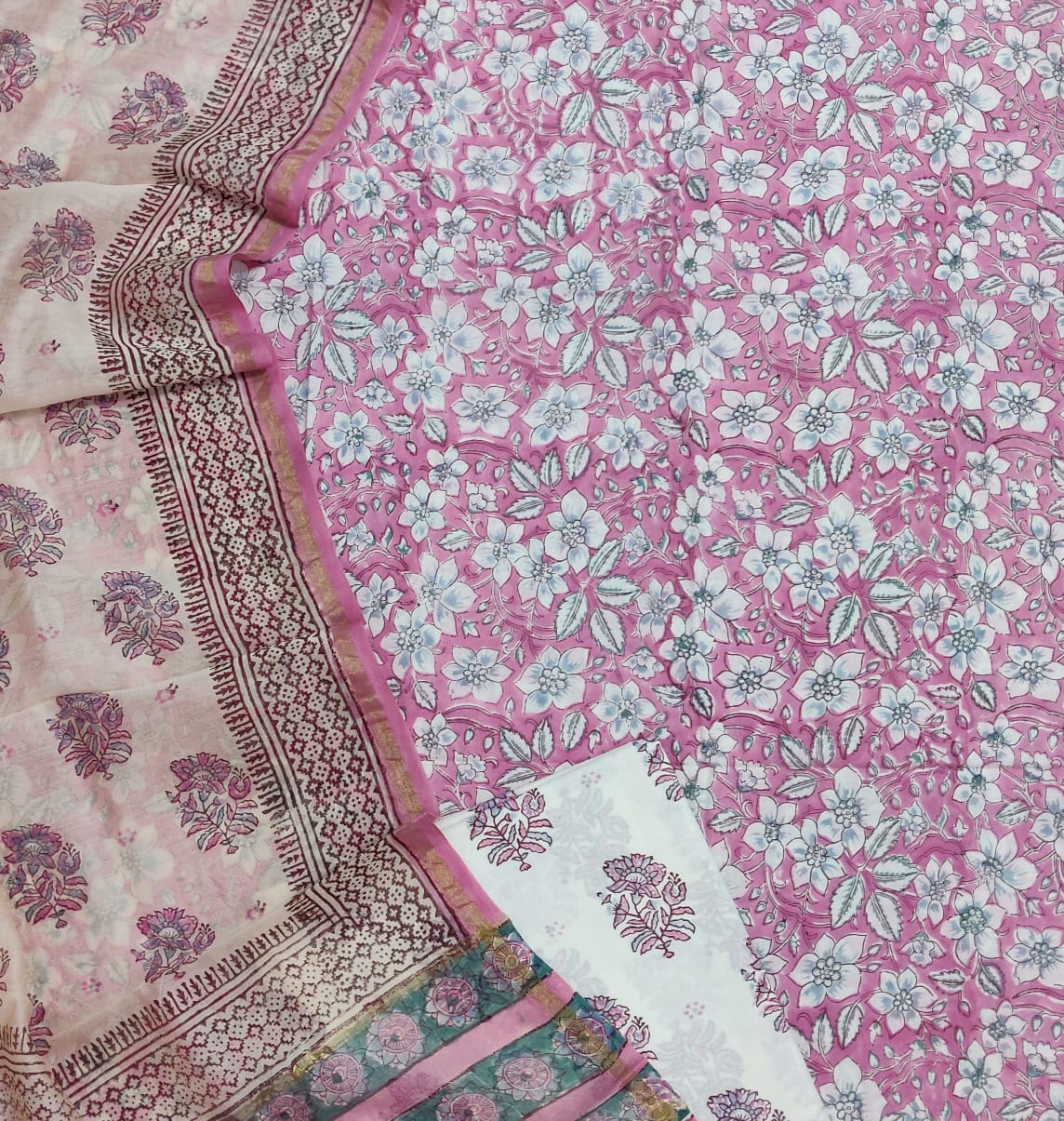Pink & Peach Flower Print  Cotton Suit Set with Chanderi Duppatta