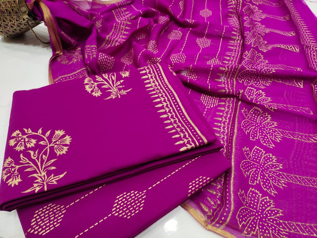 Dark Pink Cream Print  Cotton Suit Set with Chiffon zari  Duppatta
