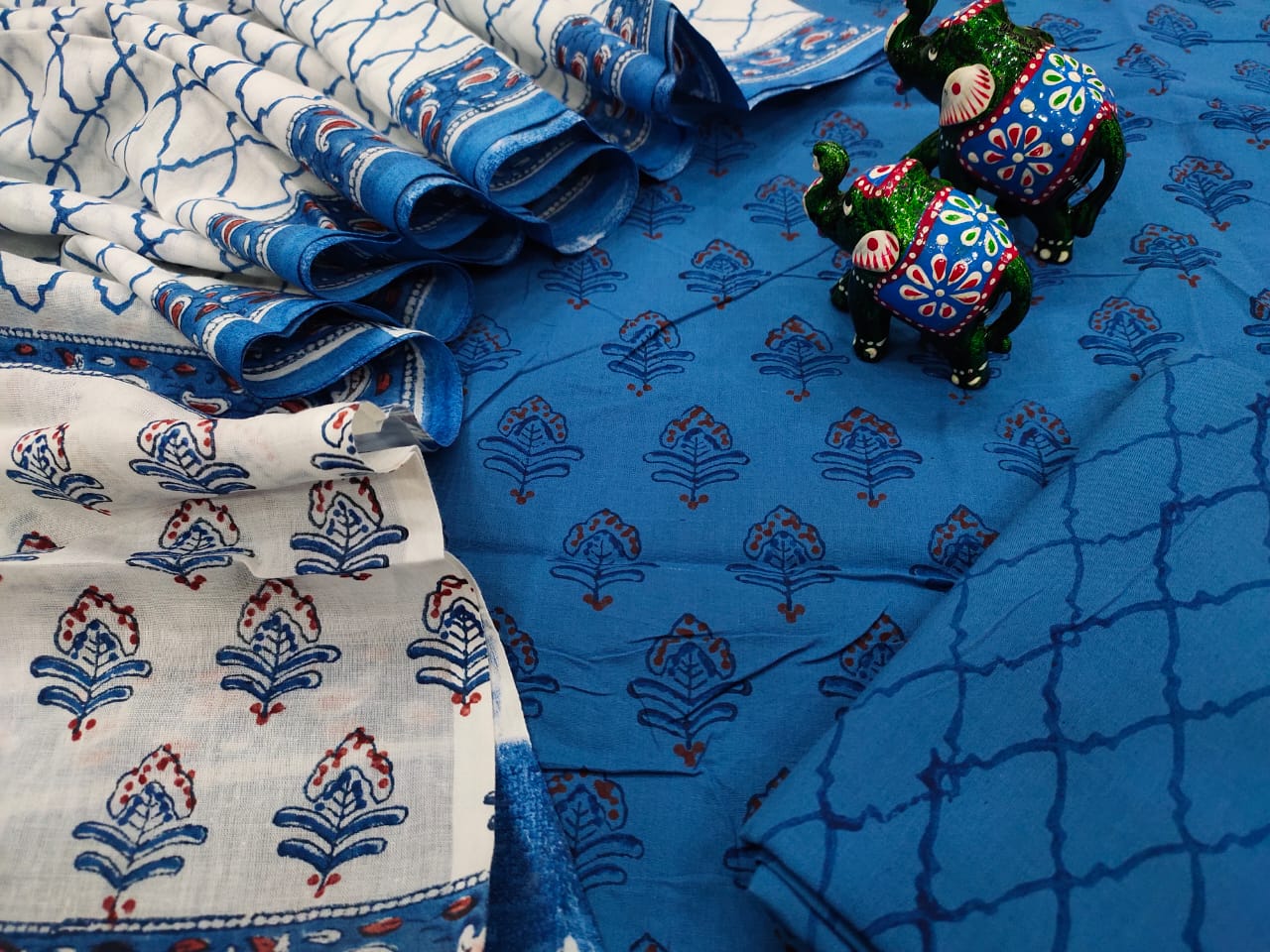 Blue Flower Print  Cotton Suit Set with Cotton   Duppatta