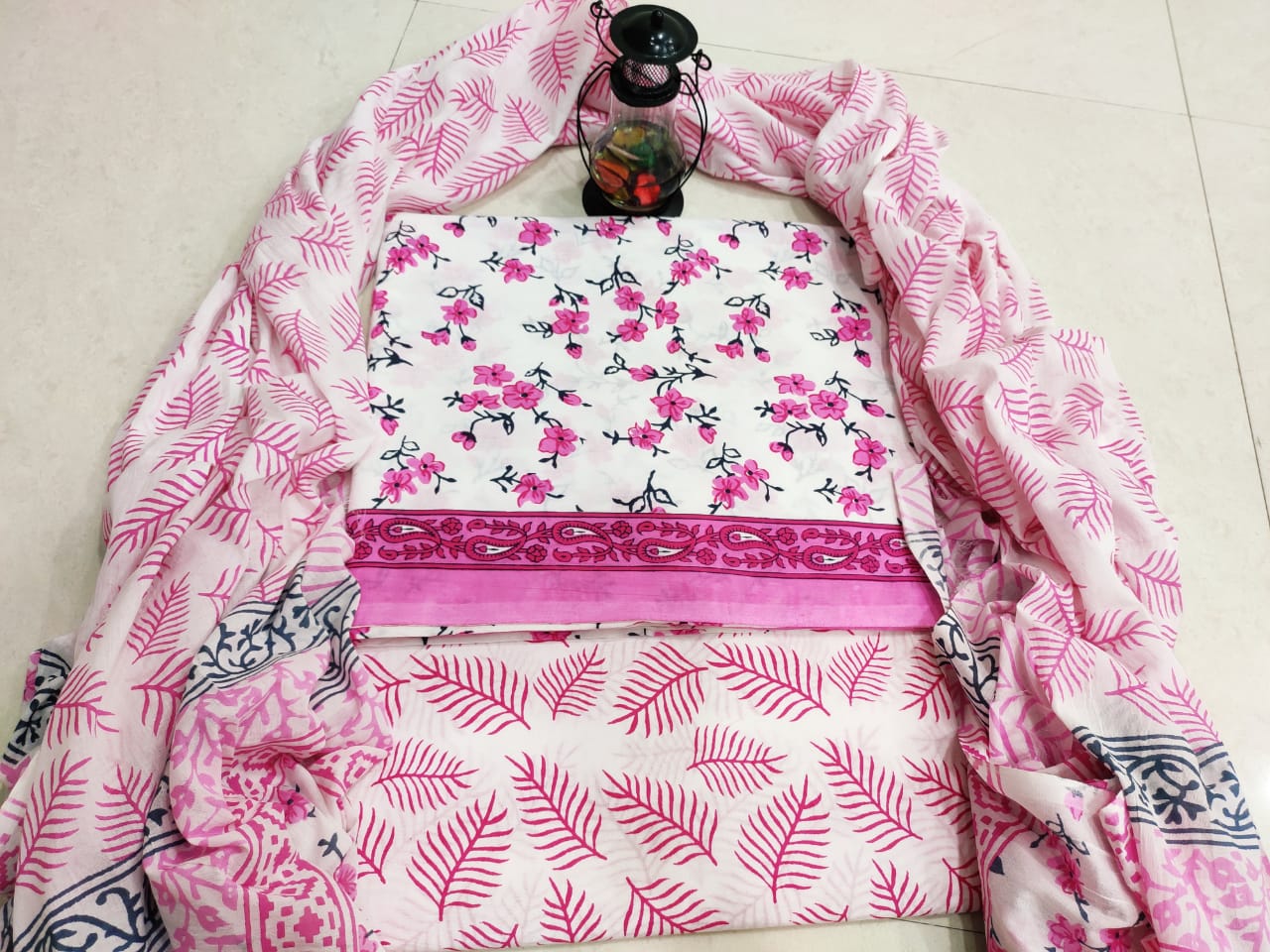 White & Pink Flower Print Cotton Designer Unstitched Suit Set with Chiffon Duppatta
