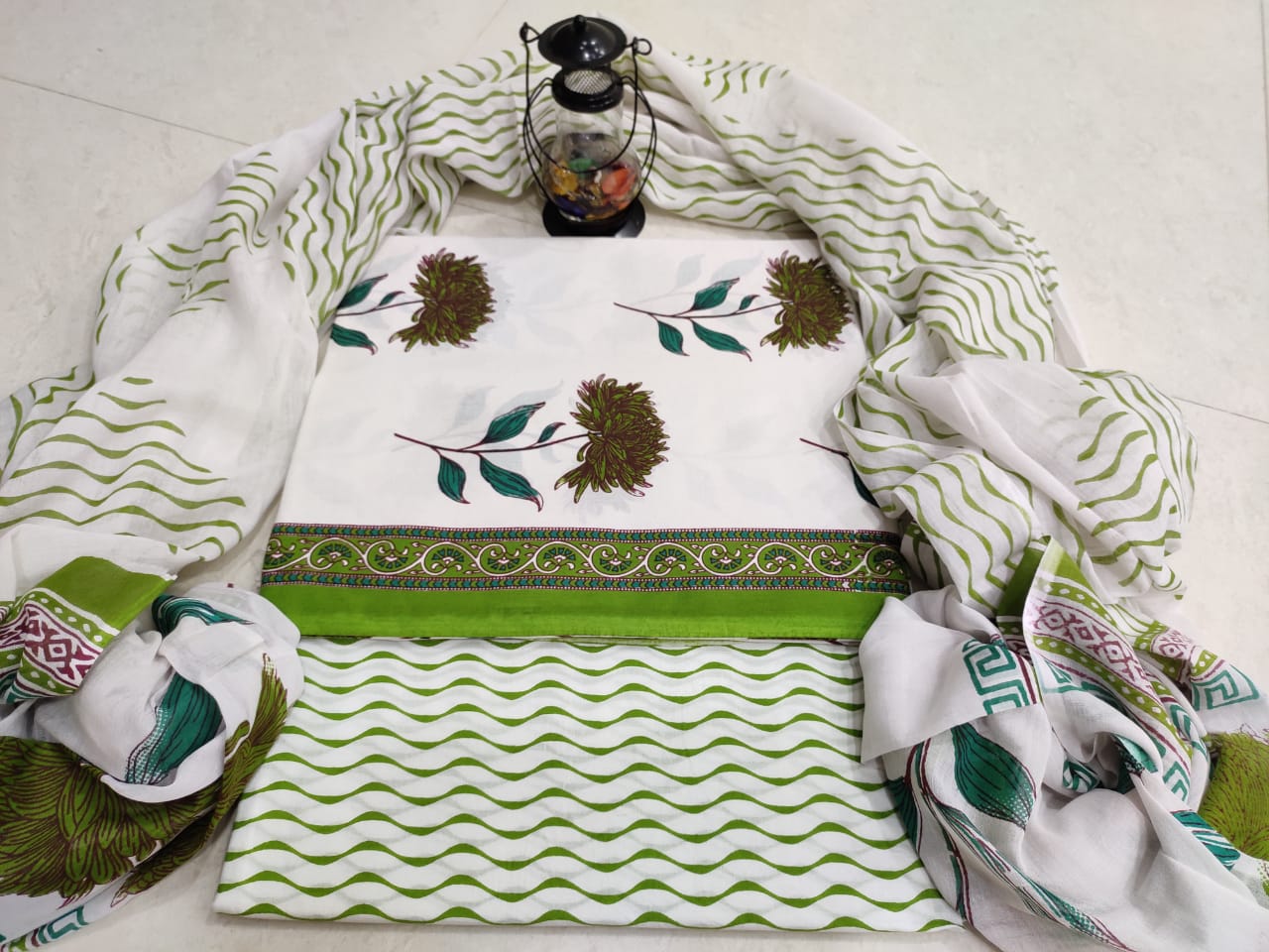 White & Green Flower Print Cotton Designer Unstitched Suit Set with Cotton Duppatta