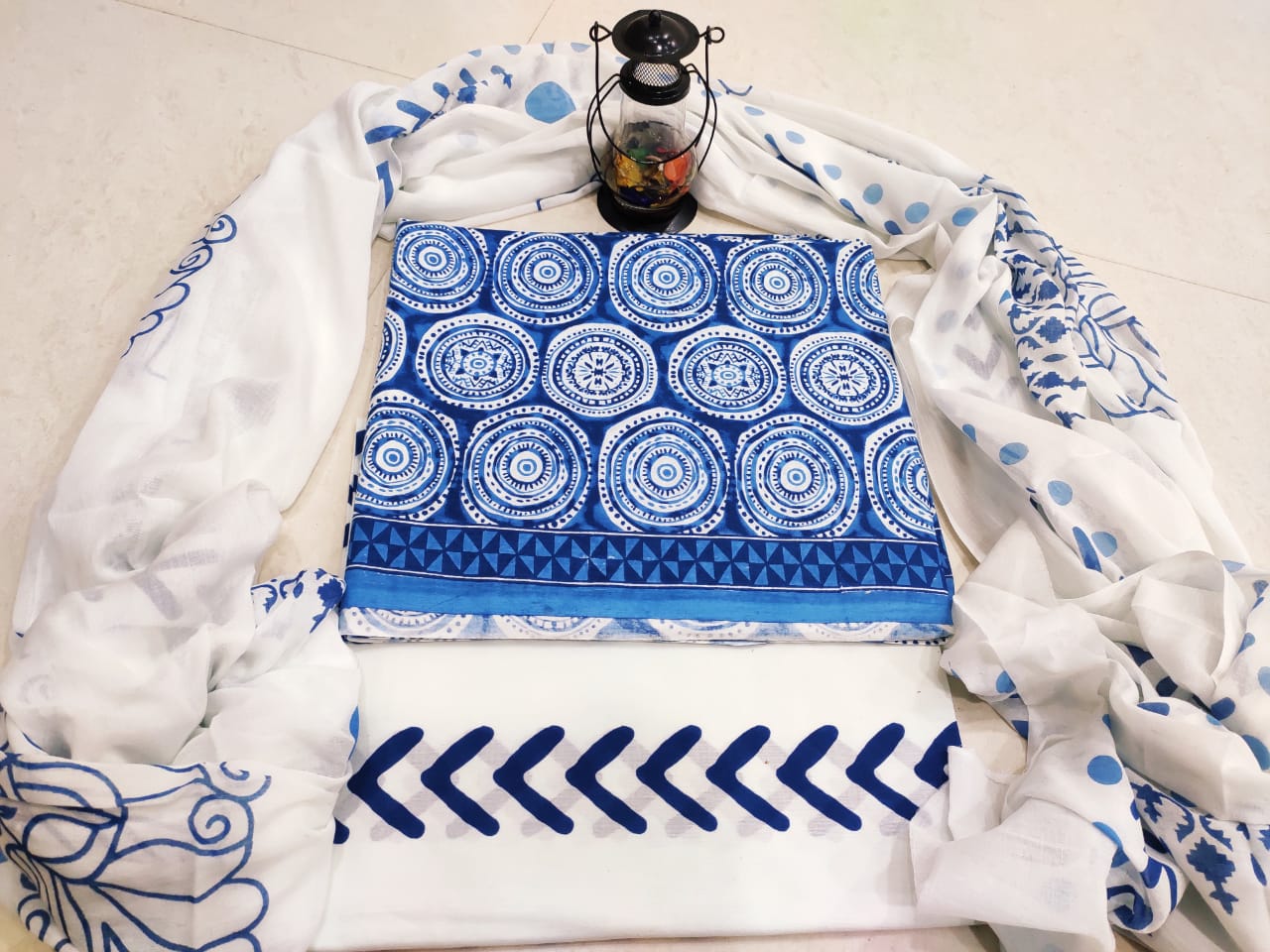 White & Blue Printed Cotton Designer Unstitched Suit Set with Cotton Duppatta