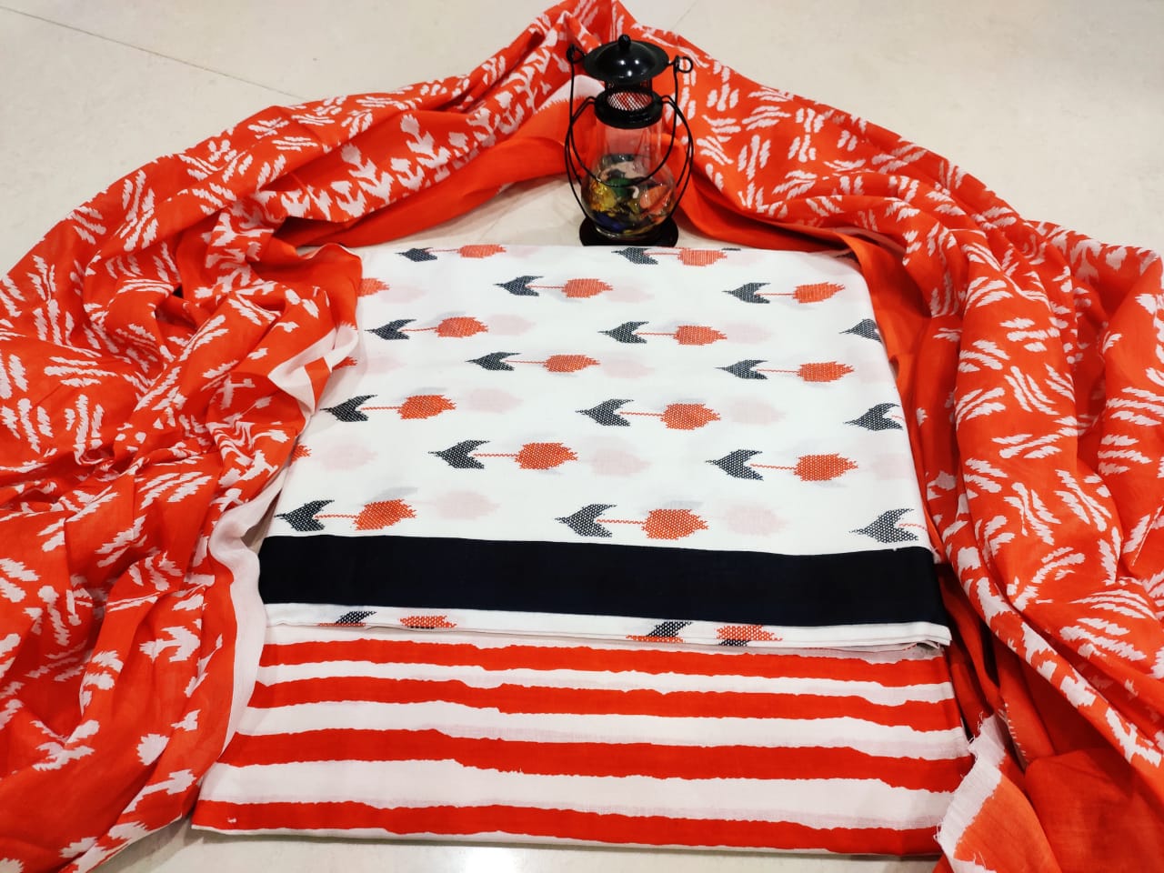 Red Flower Print Cotton Designer Unstitched Suit Set with Cotton Duppatta