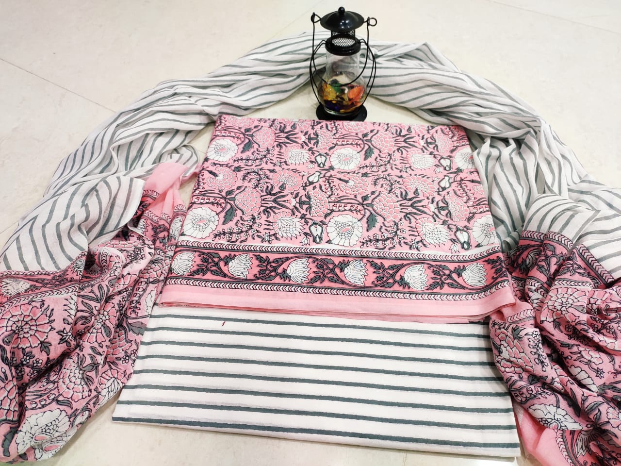 White & Flower Print Cotton Designer Unstitched Suit Set with Cotton Duppatta