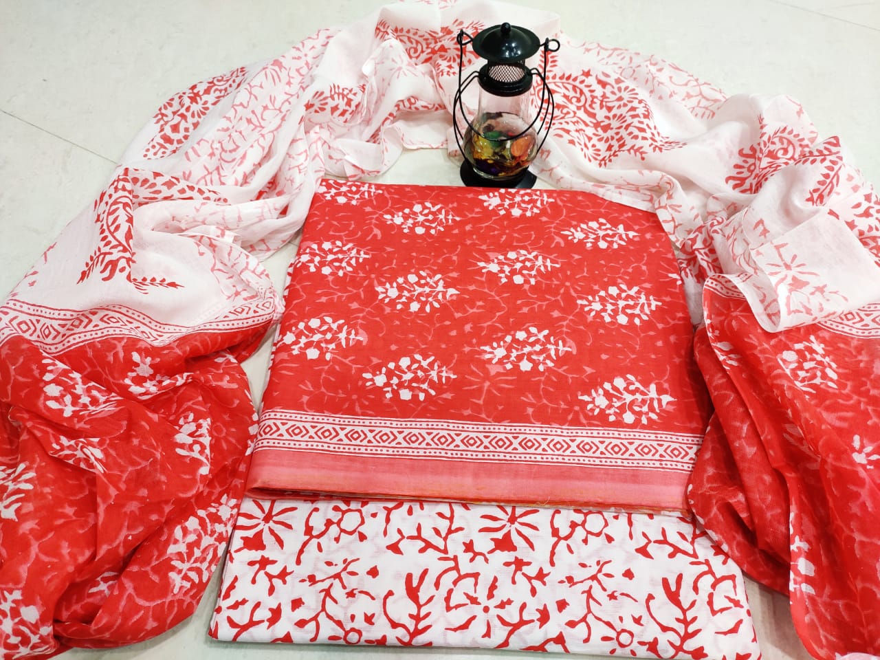 White & Red Flower Print Cotton Designer Unstitched Suit Set with Cotton Duppatta