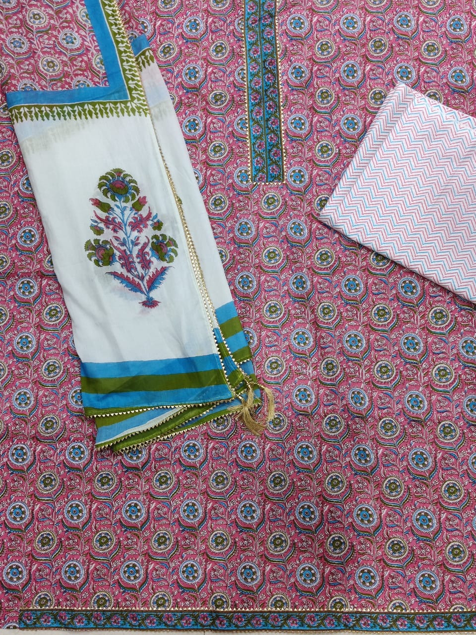 Pink Flower Gota Work Cotton Suit Set with Kota Doria Duppatta