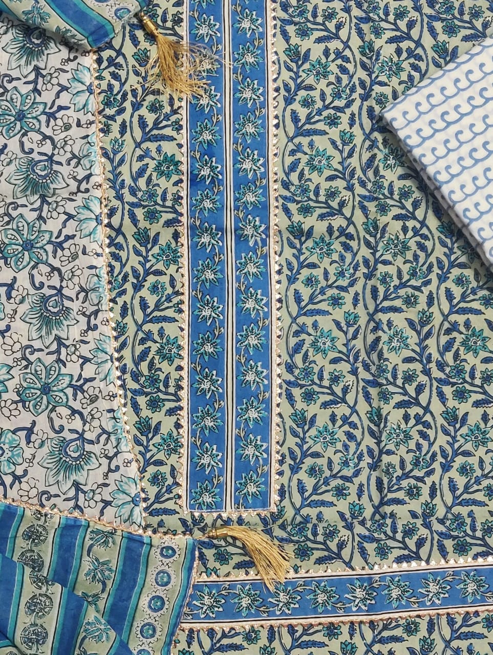Blue Flower Print Gota Work Cotton Suit Set with Kota Doria Duppatta