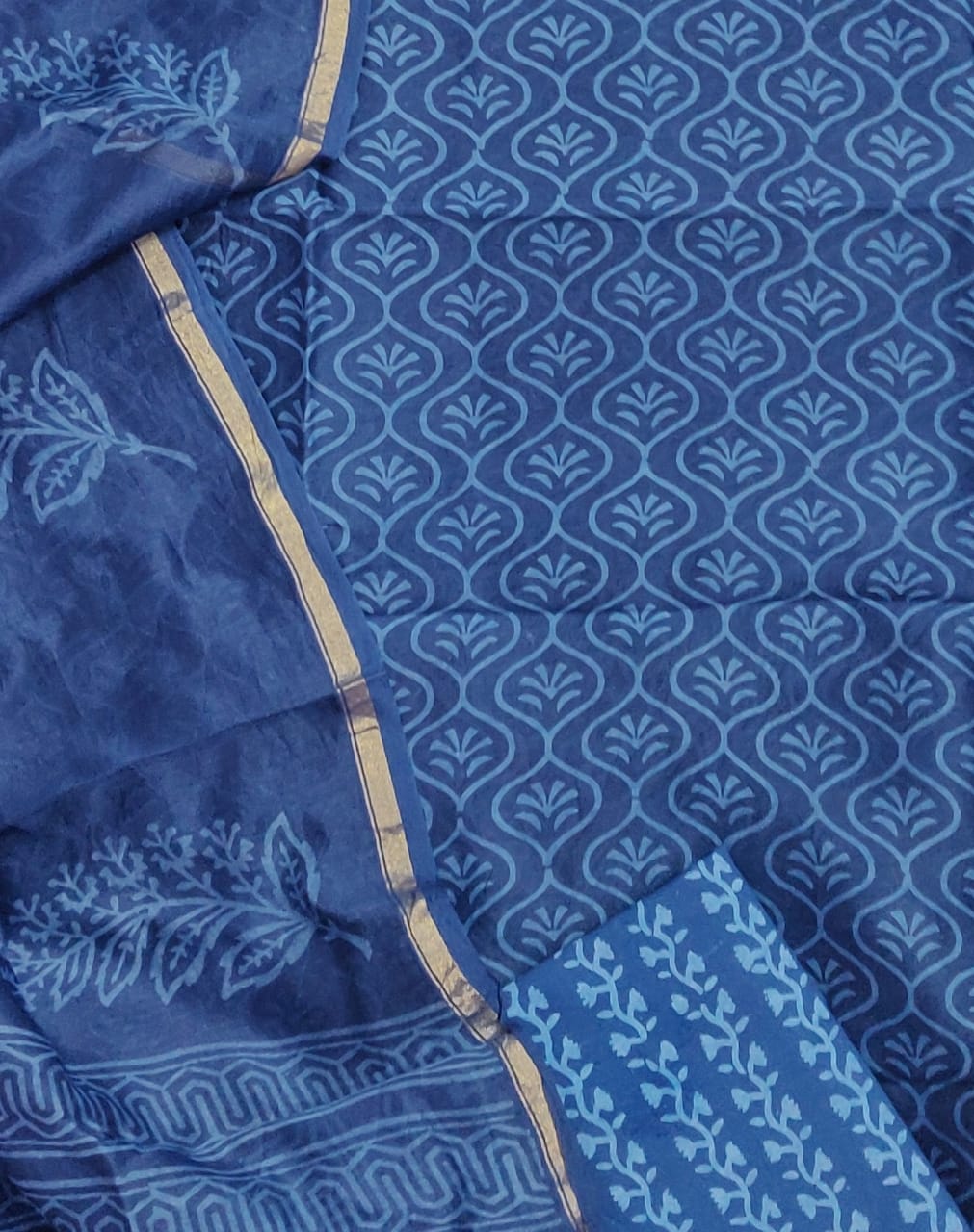 Blue Leaf  Print Chanderi Unstitched Suit Set with Chanderi Dupatta