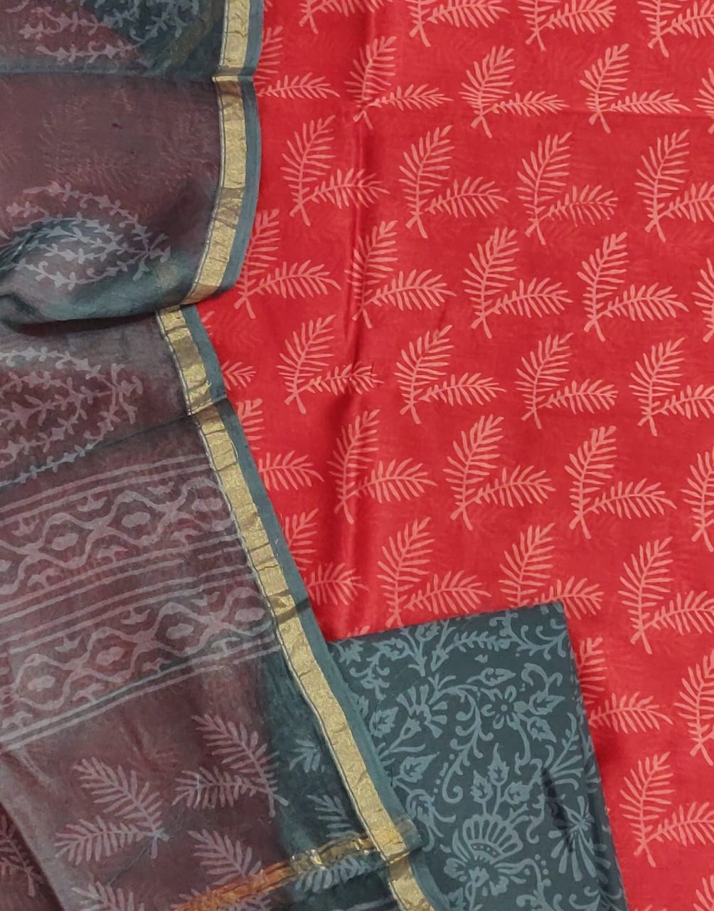 Red Leaf  Print Chanderi Unstitched Suit Set with Chanderi Dupatta