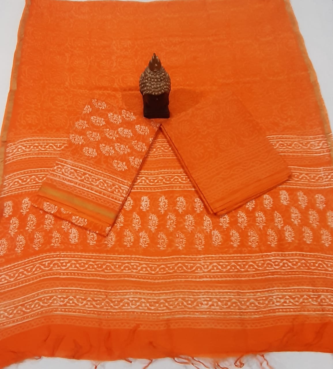 Orange Bota Print Chanderi Unstitched Suit Set with Chanderi Dupatta