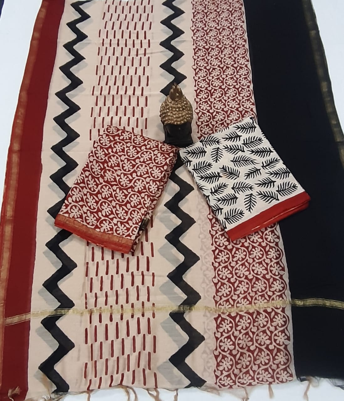 Red Black Flower Leaf Print Chanderi Unstitched Suit Set with Chanderi Dupatta