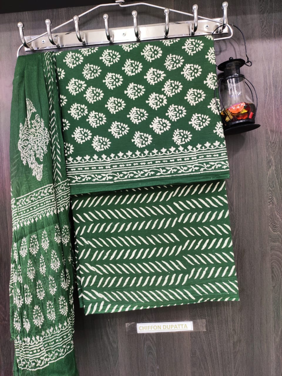 Dark Green Flower Print  Cotton Suit Set with Chiffon  Duppatta