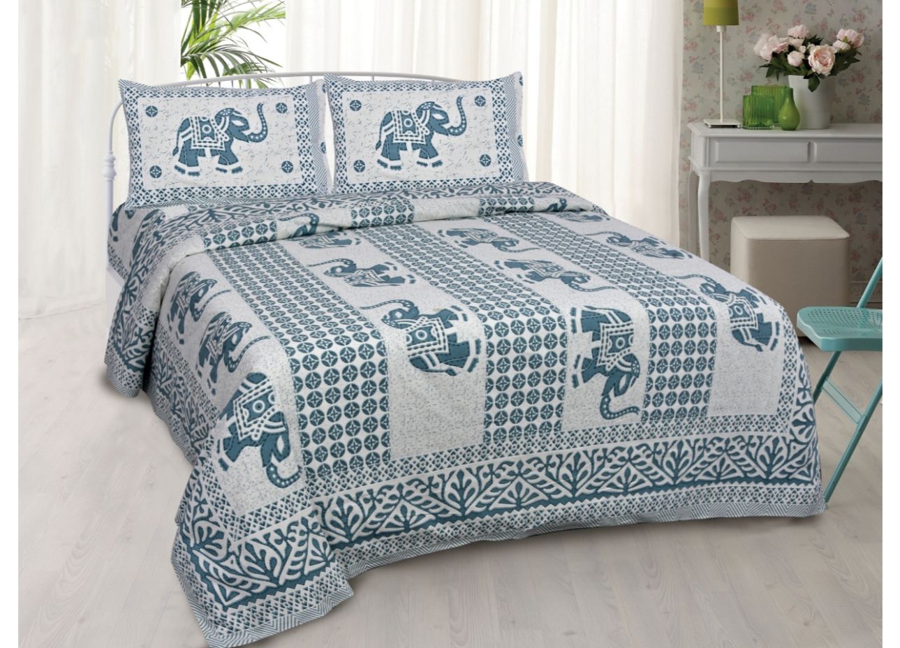 Beautiful and Trendy Sky Blue Elephant Print King Size Cotton Bed Sheet