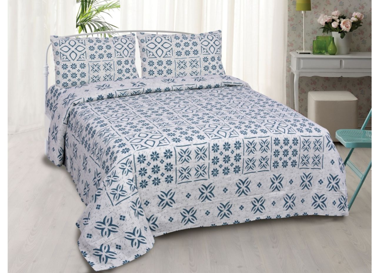 Beautiful and Trendy Sky Blue Flower Print King Size Cotton Bed Sheet