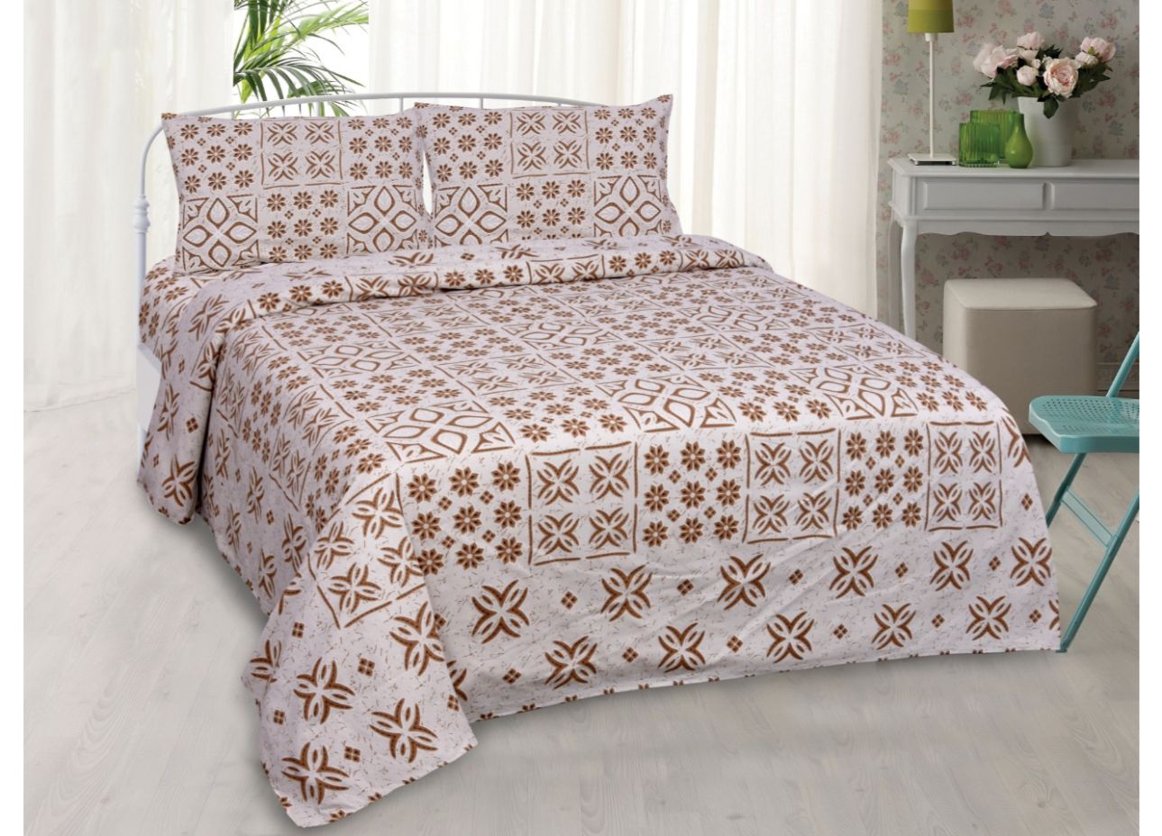 Beautiful and Trendy Light Brown Flower Print King Size Cotton Bed Sheet