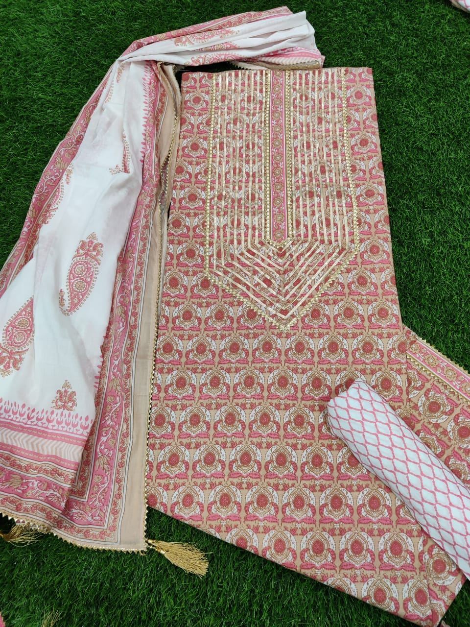 Light Pink Flower Print Gota Work Cotton Suit Set with Kota Doria Duppatta
