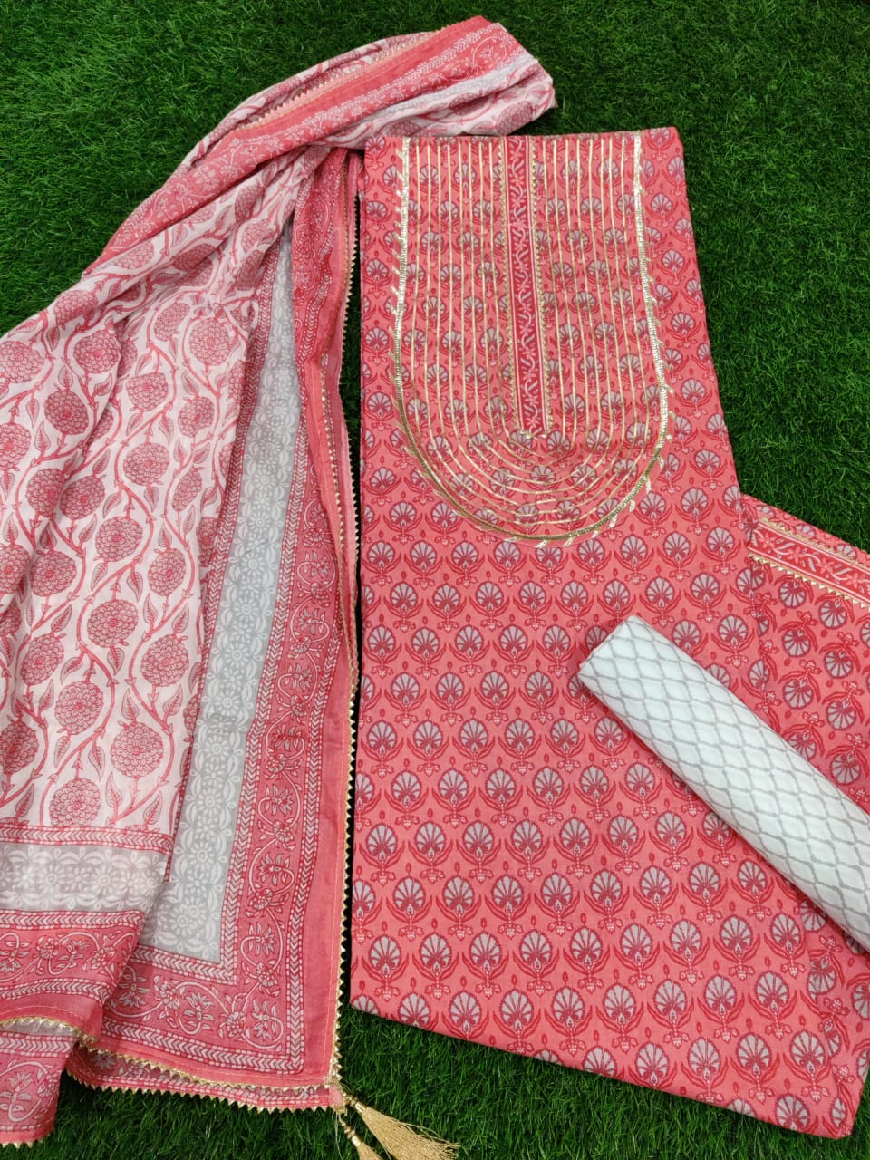 Dark Pink Flower Print Gota Work Cotton Suit Set with Kota Doria Duppatta