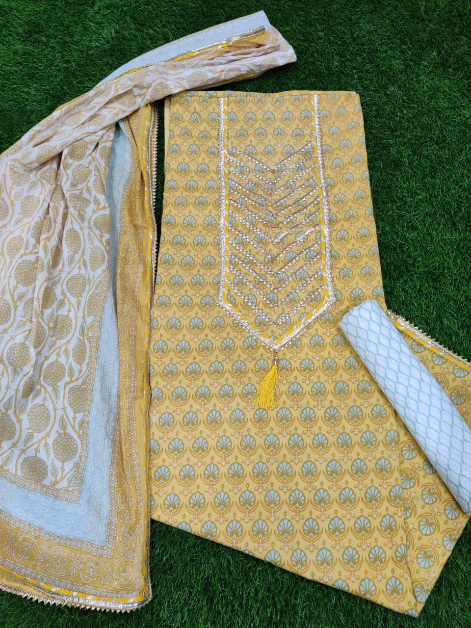 Yellow Flower Print Gota Work Cotton Suit Set with Kota Doria Duppatta