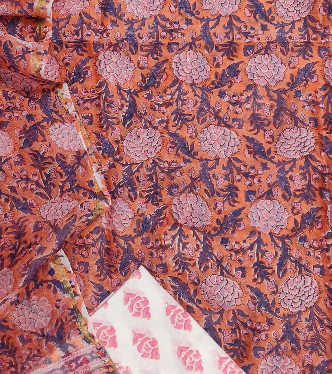 Orange Flower Print Chanderi Unstitched Suit Set with Chanderi Dupatta