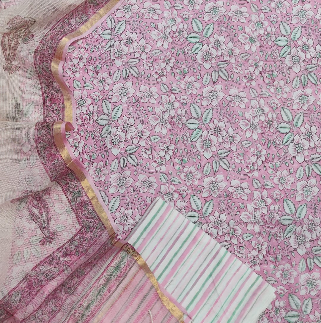 Light Pink Leaf  Print Cotton Suit Set with Kota Doria Duppatta