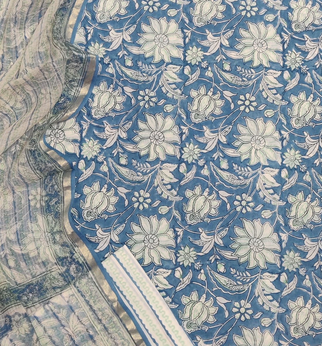 Blue Flower Print Cotton Suit Set with Kota Doria Duppatta