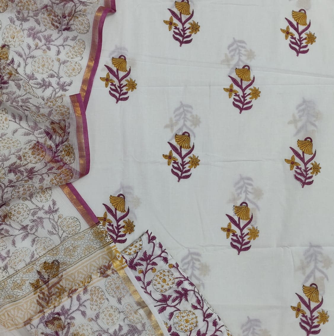 White Flower Print Cotton Suit Set with Kota Doria Duppatta
