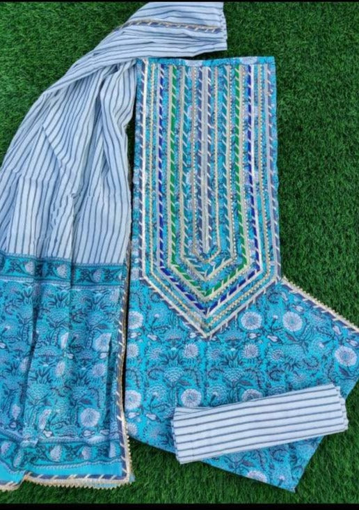 Blue Strips Print Gota Work Cotton Suit Set with Kota Doria Duppatta