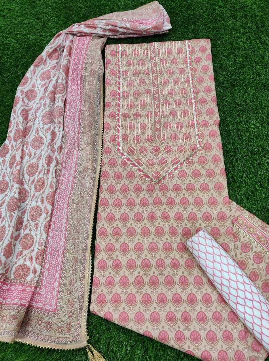 Light  Pink Flower Print Gota Work Cotton Suit Set with Kota Doria Duppatta