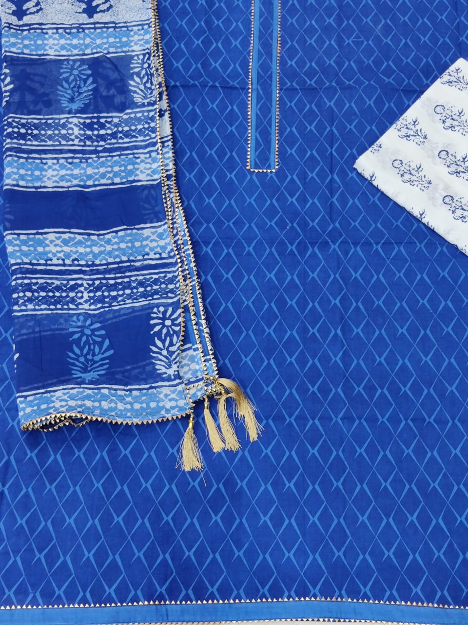 Blue Strips  Print Gota Work Cotton Suit Set with Kota Doria Duppatta
