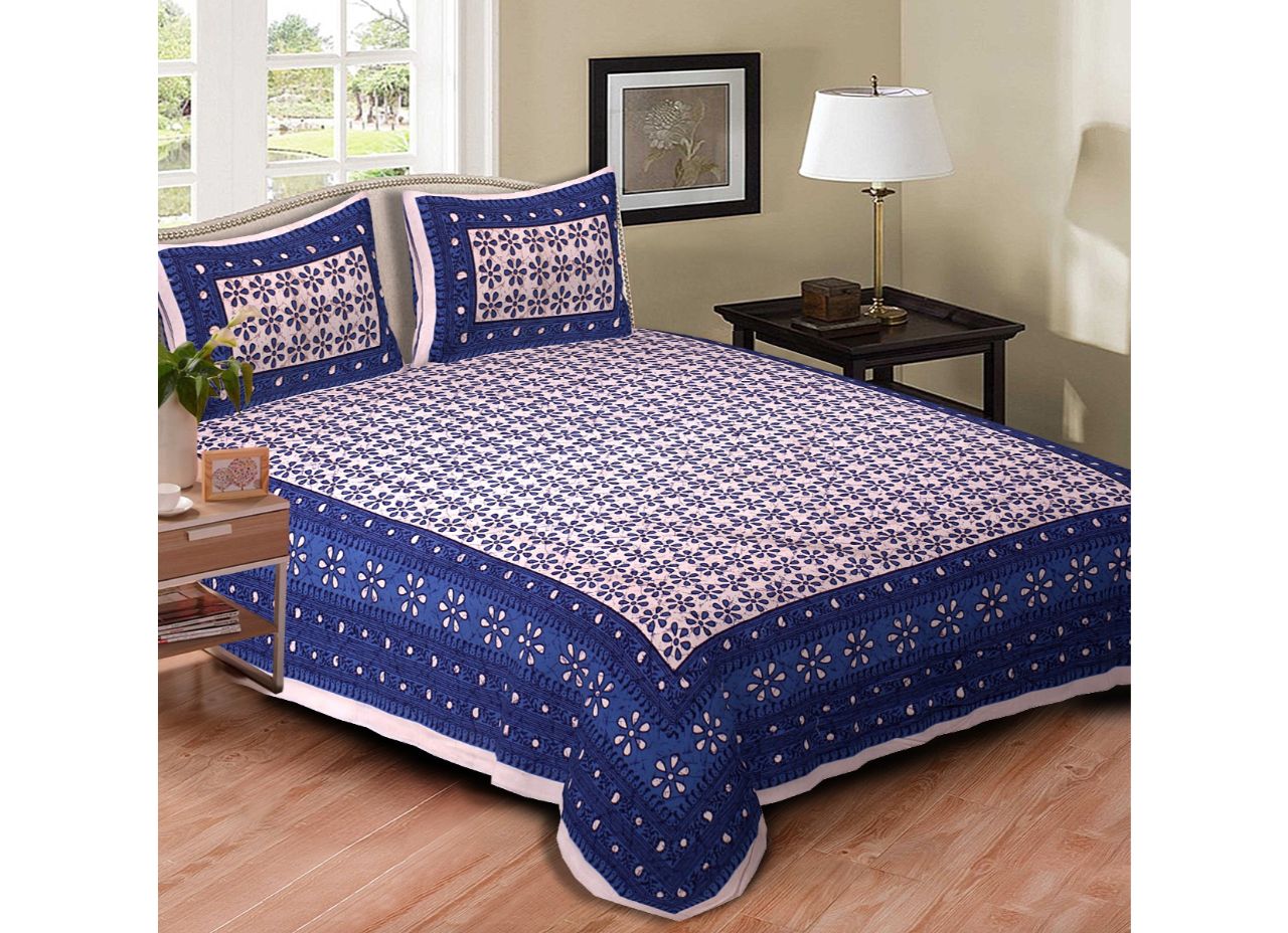 Grey Base Blue Flower Print King Size Cotton Bed Sheet