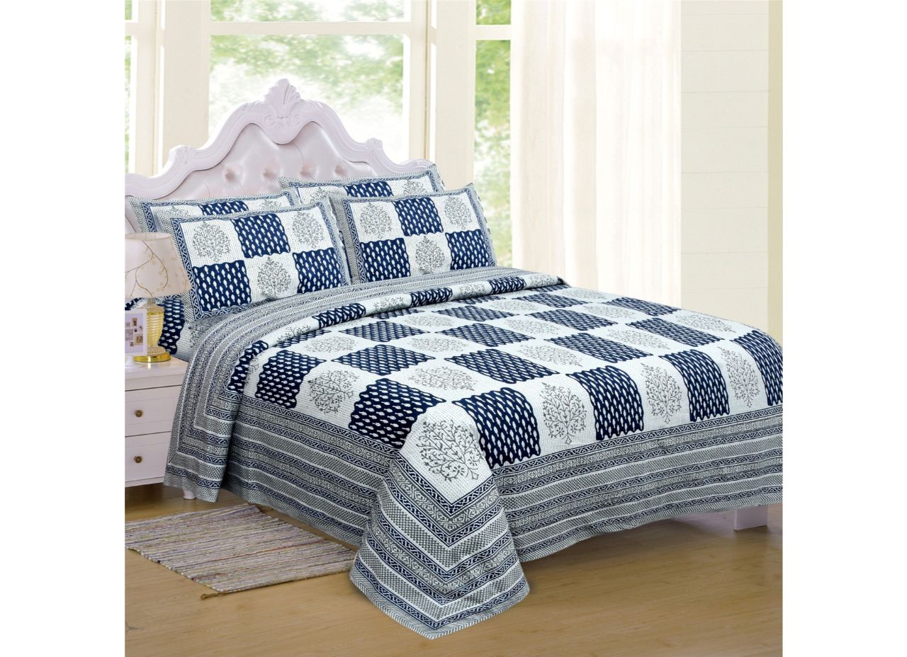 Grey and Blue Fish Print King Size Cotton Bed Sheet