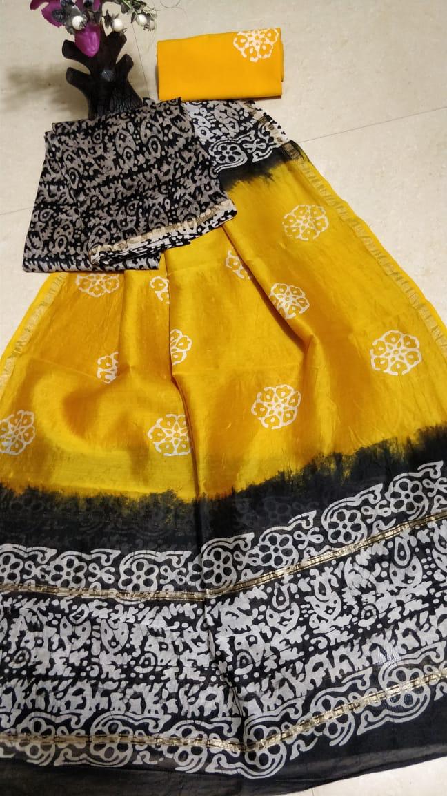 Yellow Flower Print Chanderi Unstitched Suit Set with Chanderi Dupatta