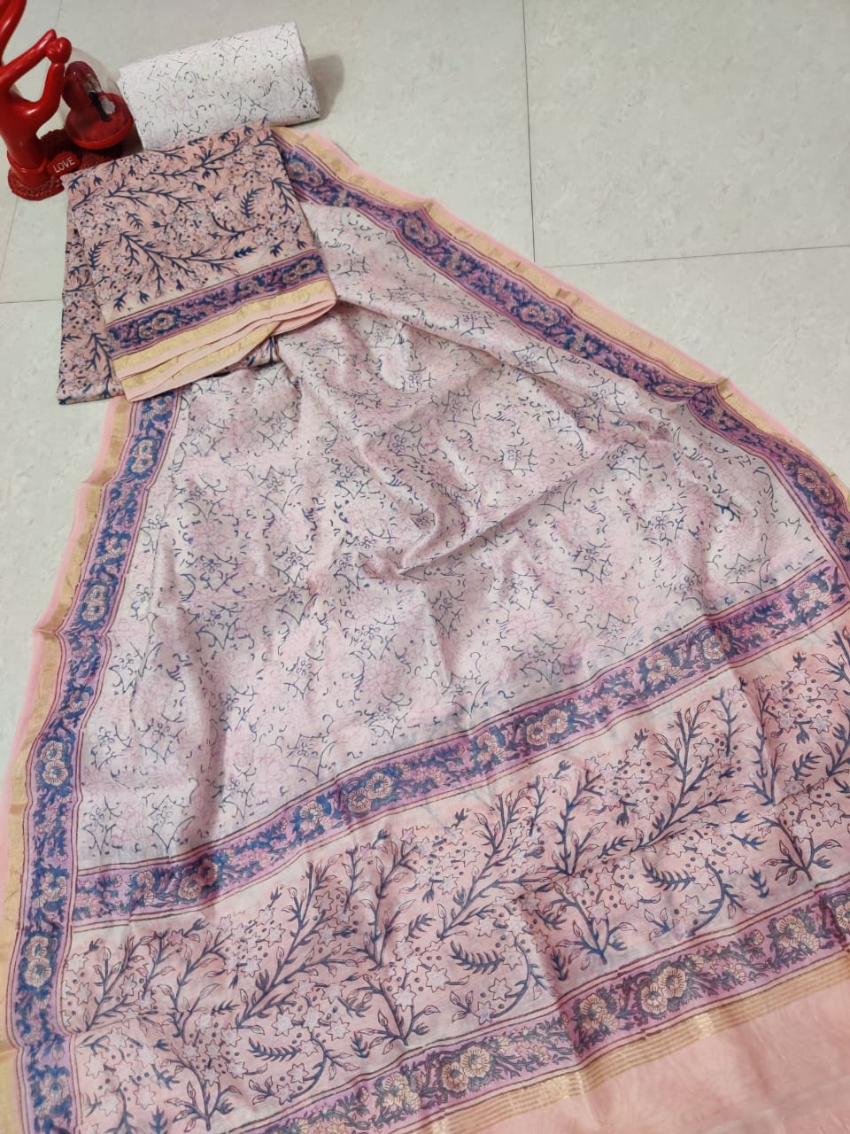 L:ight Pink Leaf Print Chanderi Unstitched Suit Set with Chanderi Dupatta