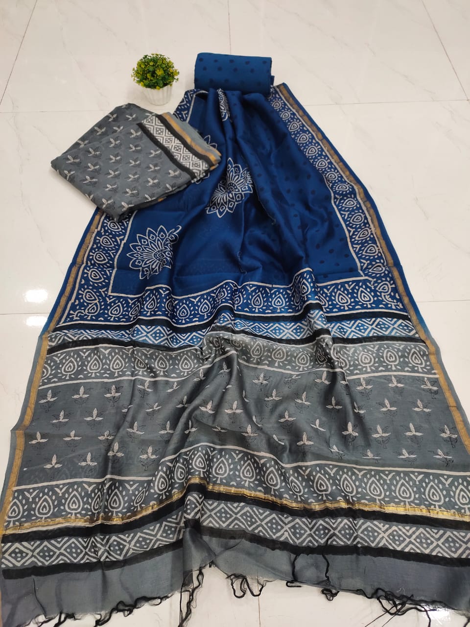 Gray & Blue Flower Print Chanderi Unstitched Suit Set with Chanderi Dupatta