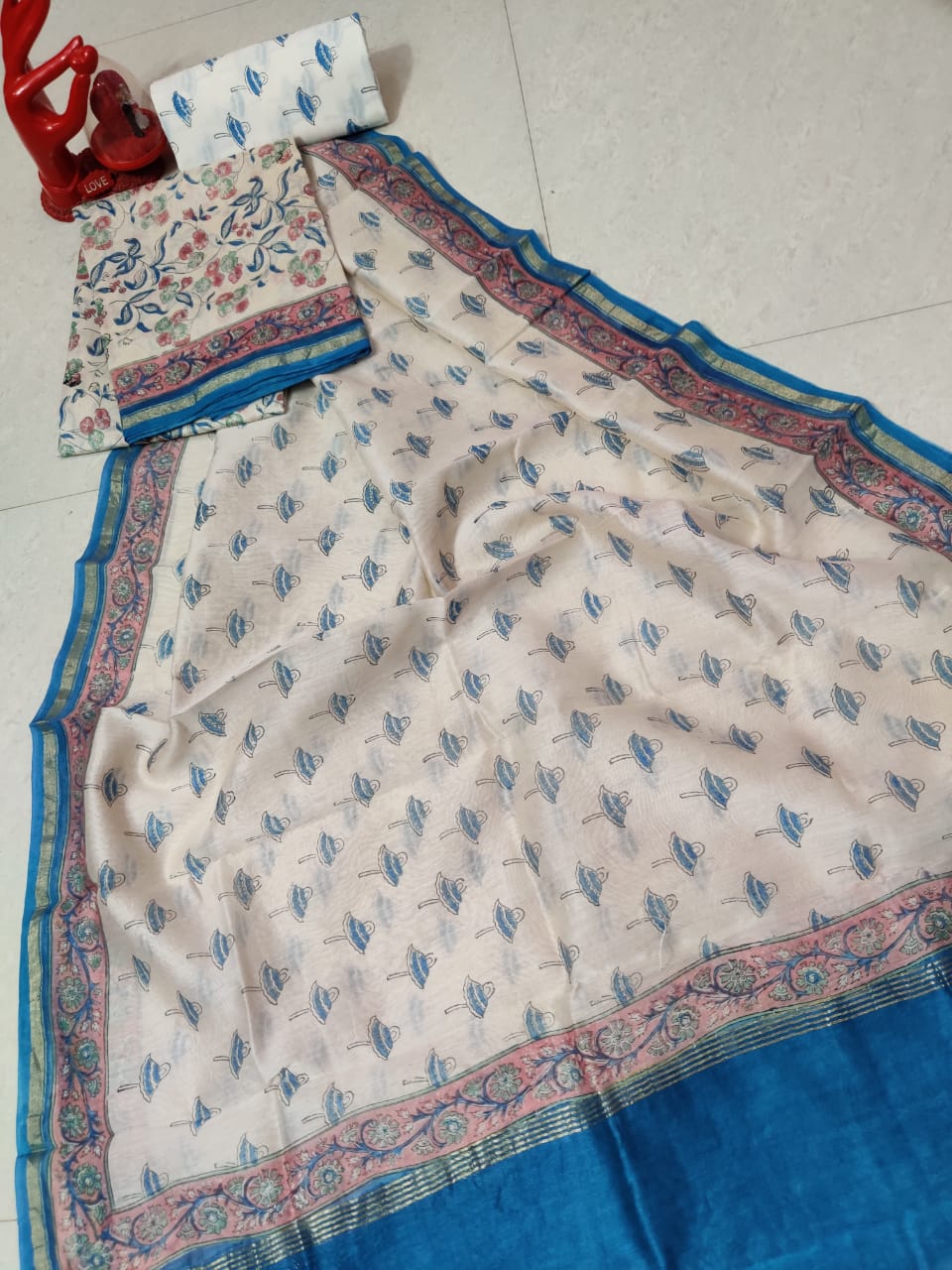 Off White Flower Print Chanderi Unstitched Suit Set with Chanderi Dupatta