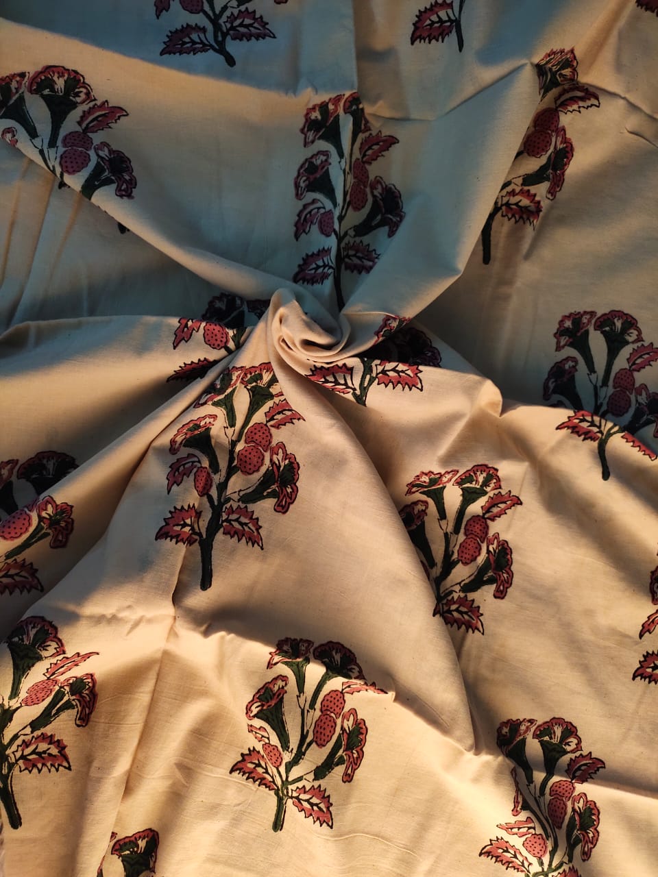 Base Green & Flower Print  Cotton Fabric