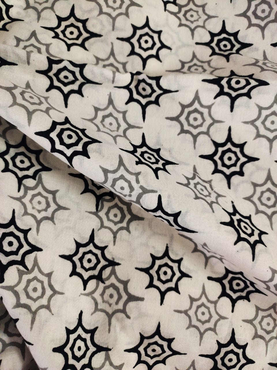 White & Black Star Print Bagru Cotton Fabric