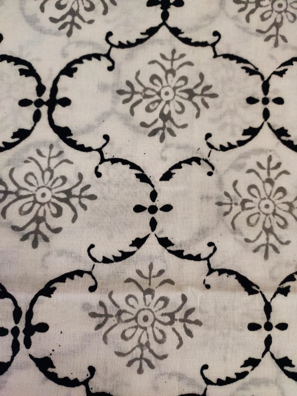 White & Black Flower  Print  Cotton Fabric