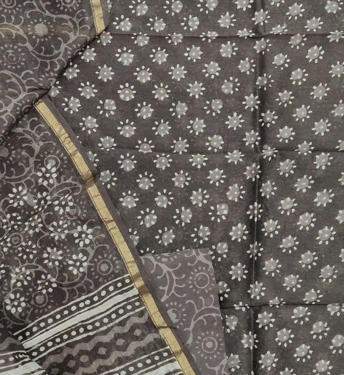 Gray Flower Print Chanderi Unstitched Suit Set with Chanderi Dupatta